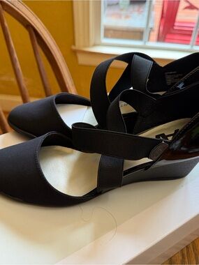 Anne Klein Black Crisscross Wedge Heels